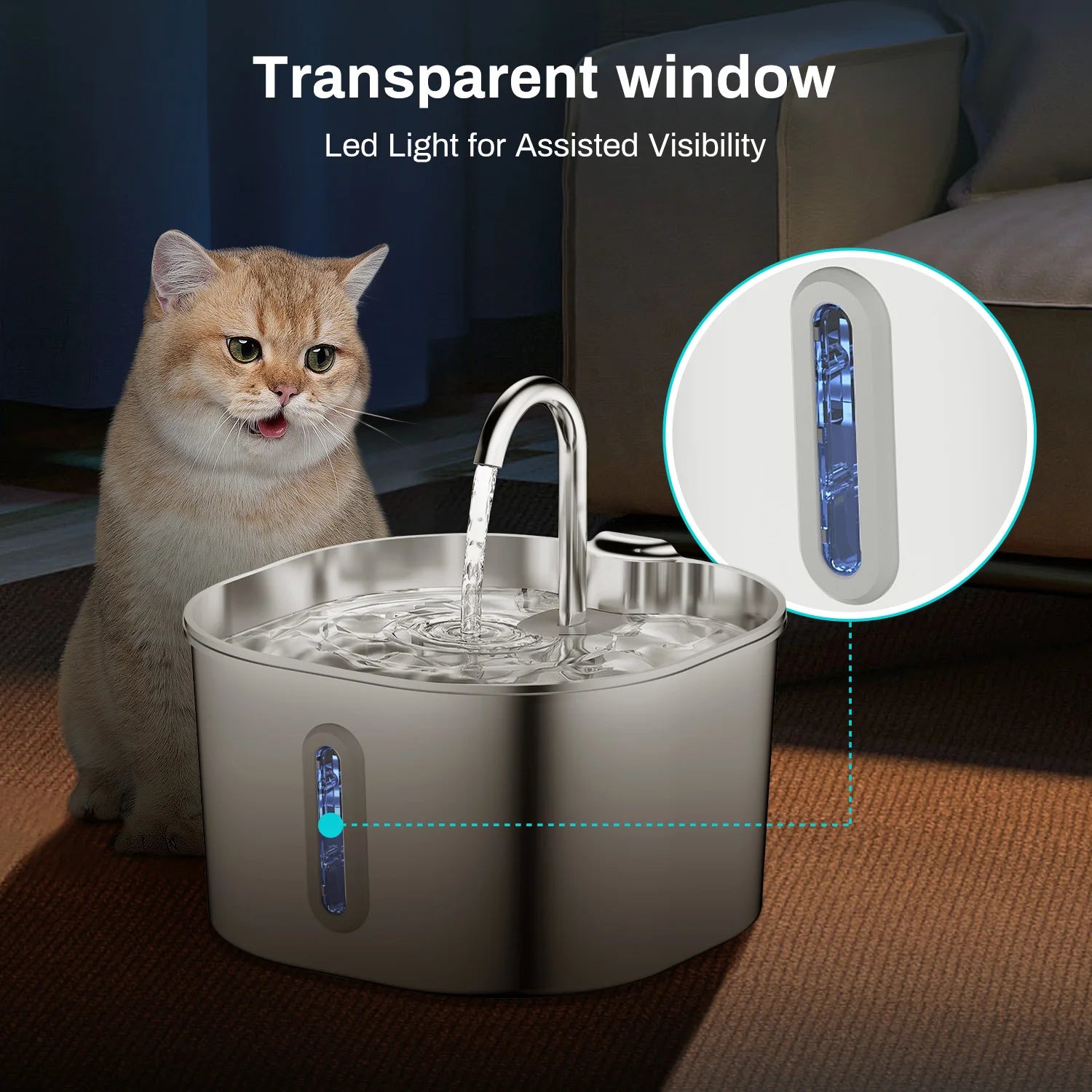 Fontaine à Eau Automatique pour Chat 2,2L – Distributeur d'Eau Carré en Acier Inoxydable avec Fenêtre pour Chien et Chat (Sans Prise 5V 1A)
