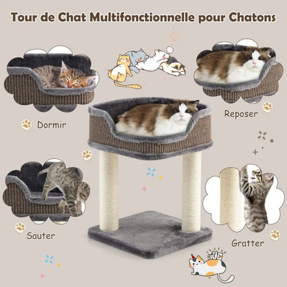 Tour D'Arbre À Chat Compacte Avec Perchoir En Peluche Et Griffoirs Pour Se Faire Ses Griffes Gris/Beige