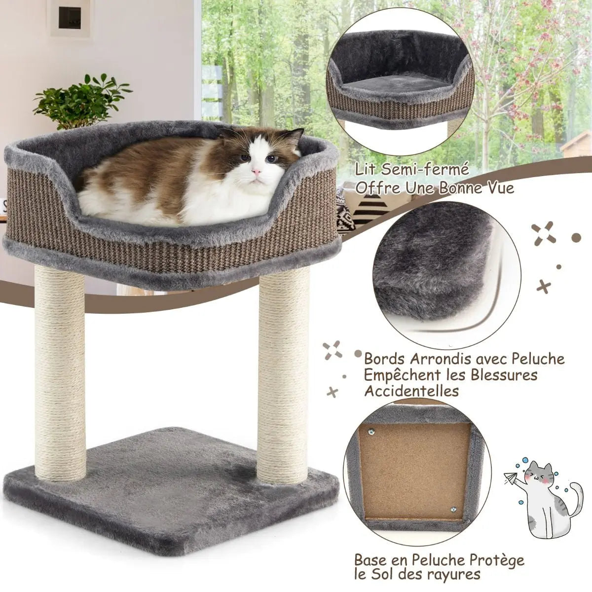 Tour D'Arbre À Chat Compacte Avec Perchoir En Peluche Et Griffoirs Pour Se Faire Ses Griffes Gris/Beige