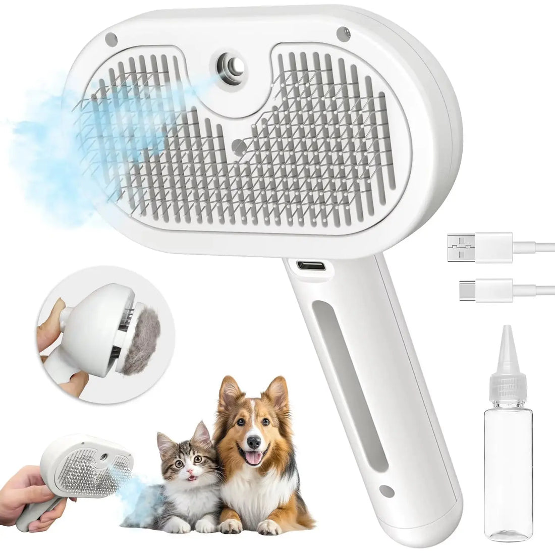 Brosse à vapeur pour chat et chien, Outil de toilettage autonettoyant avec spray à vapeur Élimine les poils flottants pour chats et chiens Accessoires de toilettage pour animaux Soins capillaires
