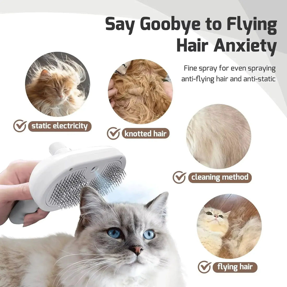 Brosse à vapeur pour chat et chien, Outil de toilettage autonettoyant avec spray à vapeur Élimine les poils flottants pour chats et chiens Accessoires de toilettage pour animaux Soins capillaires