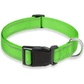 Collier réglable pour chien en nylon vert fluo avec bandes réfléchissantes, fermeture à clip robuste et anneau en acier inoxydable pour la laisse. Conçu pour offrir confort, sécurité et une meilleure visibilité lors des promenades quotidiennes.