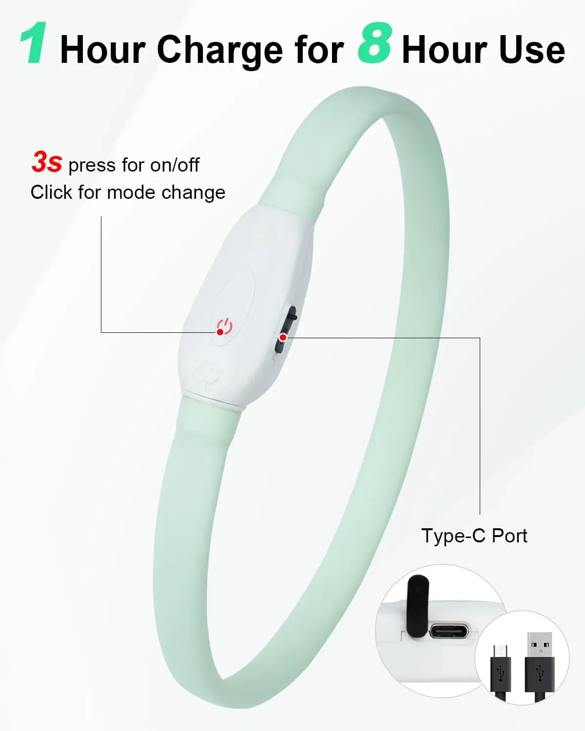 Collier lumineux LED pour chien rechargeable par USB-C, bouton d'allumage, silicone vert, plusieurs modes d'éclairage.