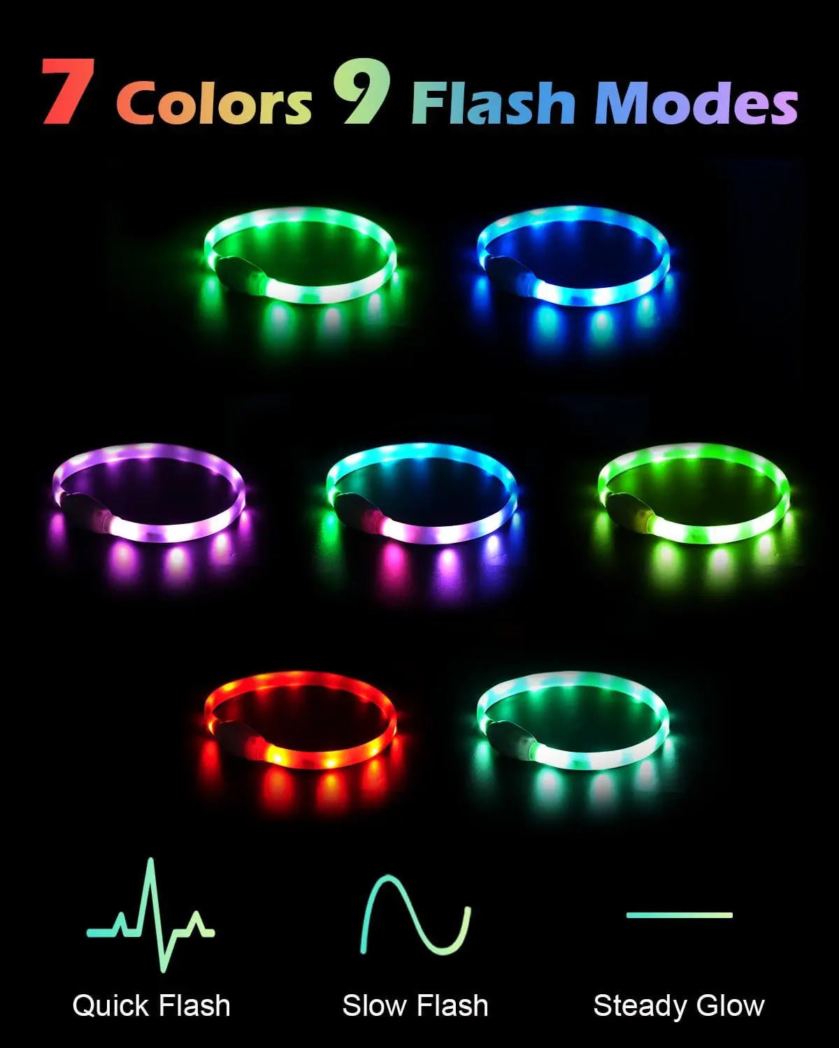 Collier lumineux pour chien LED rechargeable offrant 7 couleurs et 9 modes d'éclairage (fixe, flash rapide et flash lent) pour améliorer la visibilité et la sécurité de votre chien la nuit.
