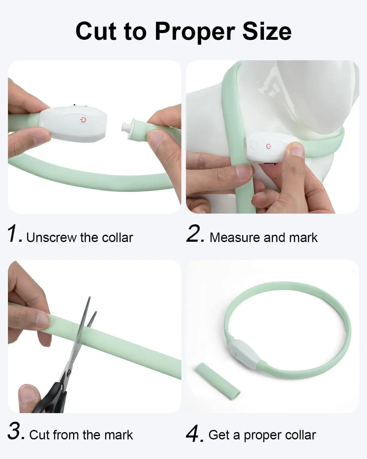 Collier lumineux rechargeable pour chien, facilement ajustable en coupant le tube à la longueur idéale. Convient aux petits, moyens et grands chiens pour une sécurité optimale lors des promenades nocturnes.
