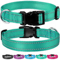 Collier réglable pour chien en nylon vert avec bandes réfléchissantes, fermeture à clip robuste et anneau en acier inoxydable. Disponible en plusieurs couleurs pour assurer confort, sécurité et visibilité lors des promenades.