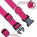 Collier réglable pour chien en nylon rose doté d'un anneau en D en acier inoxydable pour fixer la laisse et la médaille d'identification, avec boucle à clip robuste et système de réglage antidérapant pour un ajustement sûr et confortable.
