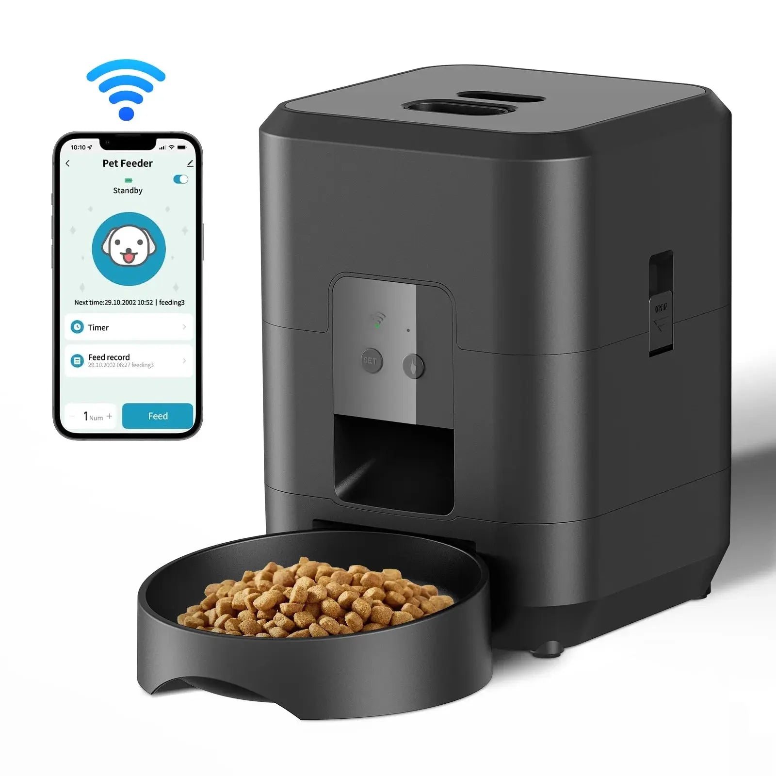 Distributeur automatique de croquettes pour chat connecté en Wi-Fi avec application mobile, programmation des repas à distance, contrôle précis des portions et gamelle intégrée. Idéal pour nourrir votre chat même lorsque vous êtes absent.