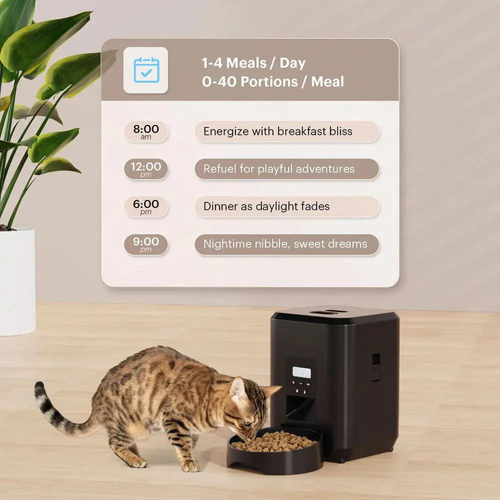 Distributeur automatique de croquettes pour chat avec programmation de 1 à 4 repas quotidiens et jusqu'à 40 portions par repas. Conçu pour assurer une alimentation précise, régulière et adaptée aux besoins de votre chat, même en votre absence.