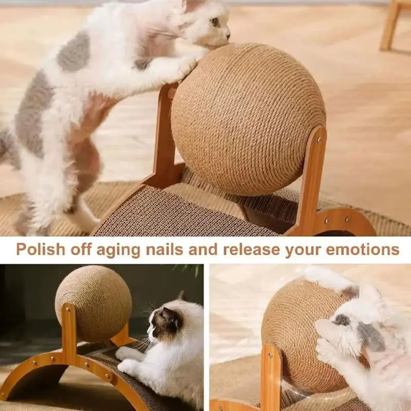 Chat faisant ses griffes et jouant sur un griffoir en carton ondulé avec balle en sisal et structure en bois. Un accessoire conçu pour stimuler l'instinct naturel du chat, réduire le stress et préserver les meubles de la maison.