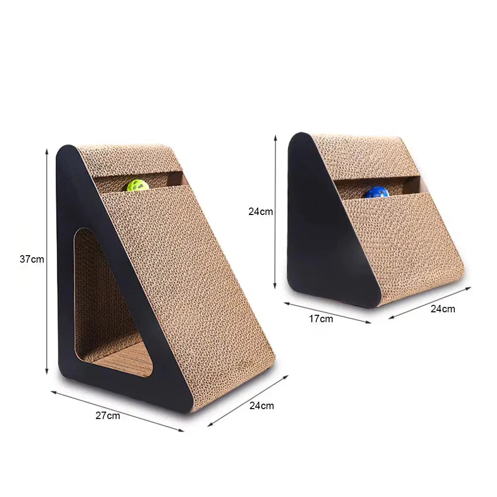 Griffoir pour chat en carton ondulé avec tunnel et balle interactive, proposé en deux dimensions (37 × 27 × 24 cm et 24 × 17 × 24 cm). Conçu pour satisfaire l'instinct de griffade, stimuler le jeu et protéger les meubles des griffures.