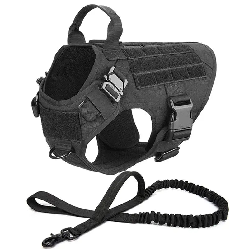 Harnais tactique noir pour chien, équipé de poignée de contrôle sur le dessus, boucles à déclipsage rapide, bande velcro, Plusieurs anneaux de fixation en D +Laisse extensible/bungee incluse. Convient aux chiens de travail, sportifs et de grande taille