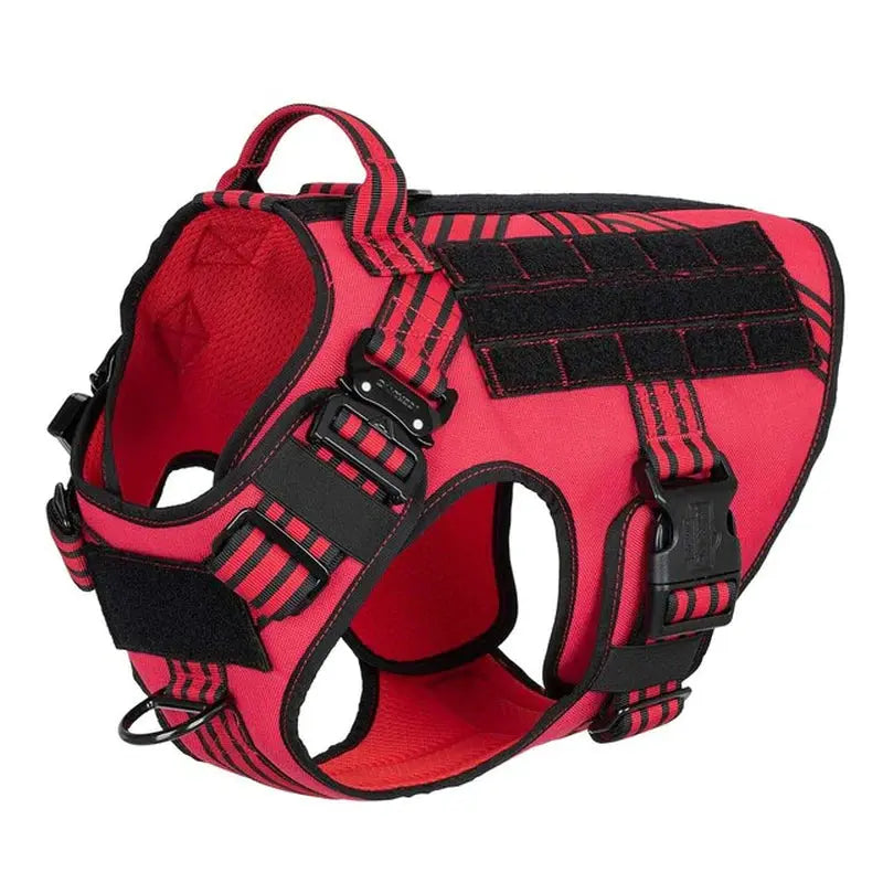 Harnais tactique coloris rouge  avec poignée de contrôle, patch velcro et boucles de réglage rapide.