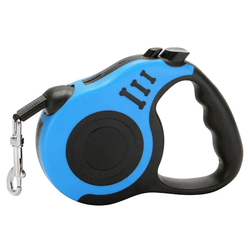 Laisse rétractable automatique pour chien, coloris bleu et noir,  poignée antidérapante et mousqueton métallique
