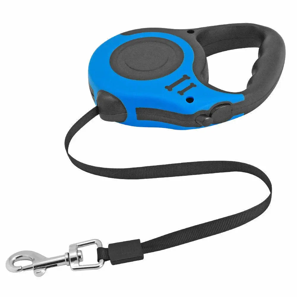 Laisse rétractable automatique pour chien, coloris bleu et noir, poignée antidérapante mousqueton métallique et sangle noir résistante.  