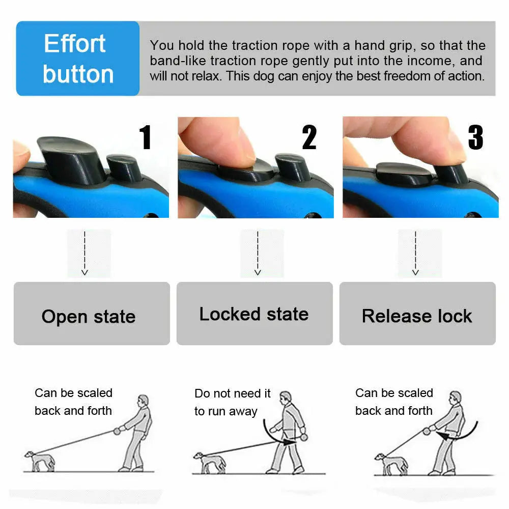 Guide d'utilisation du bouton de la laisse : 1-état 2-ouvert, 3-verrouillé, déverrouillé