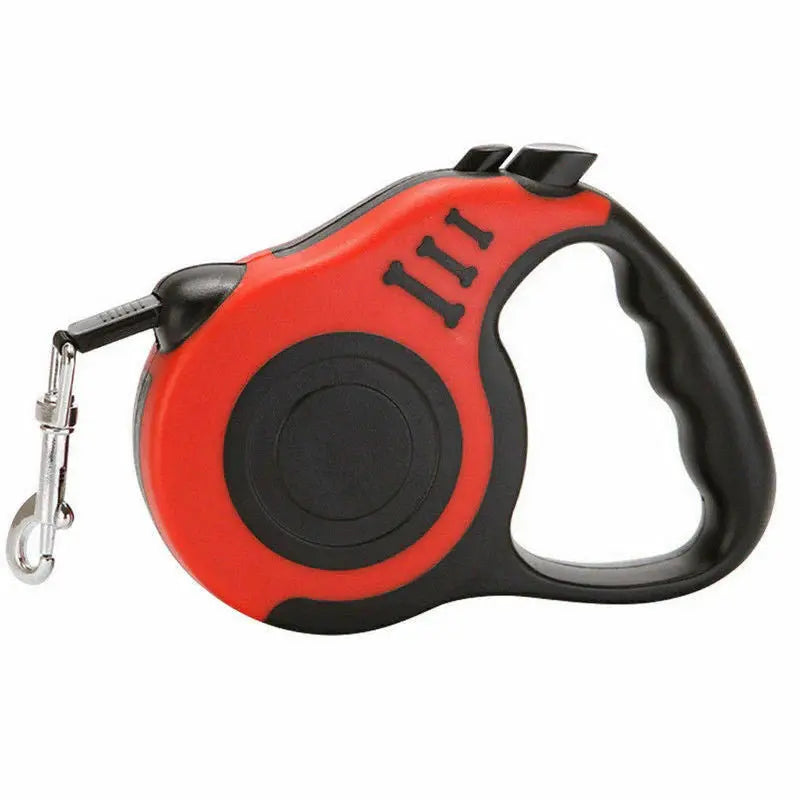 Laisse rétractable automatique pour chien, coloris rouge et noir,  poignée antidérapante et mousqueton métallique