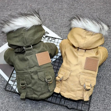 Manteau chien hiver style parka avec capuche fausse fourrure - vert et kaki.