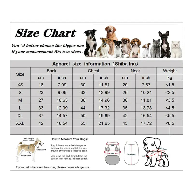 Tableau des tailles pour manteau chien avec mesures du dos, poitrine et cou en cm et pouces, de XS à XXL, avec schéma de prise de mesure