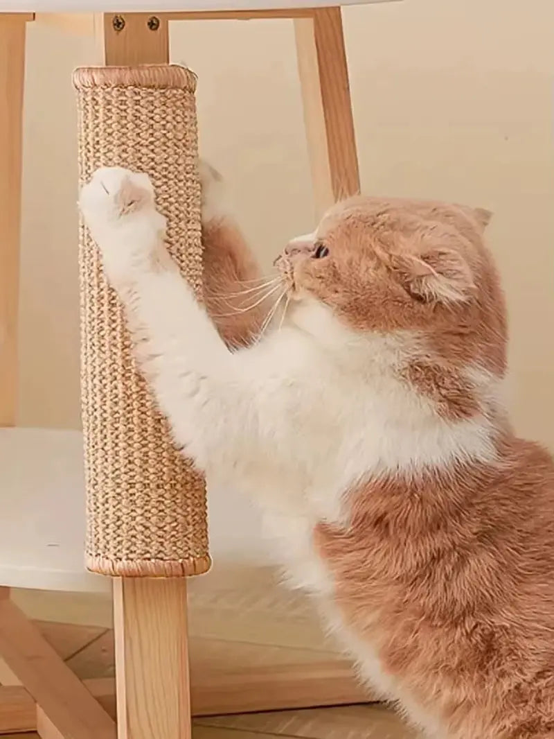 Chat utilisant faisant ses griffes sur un tapis sisal fixé à un meuble en bois. Cet accessoire permet au chat de faire ses griffes, de s'étirer naturellement et de préserver les meubles des griffures tout en favorisant son bien-être.