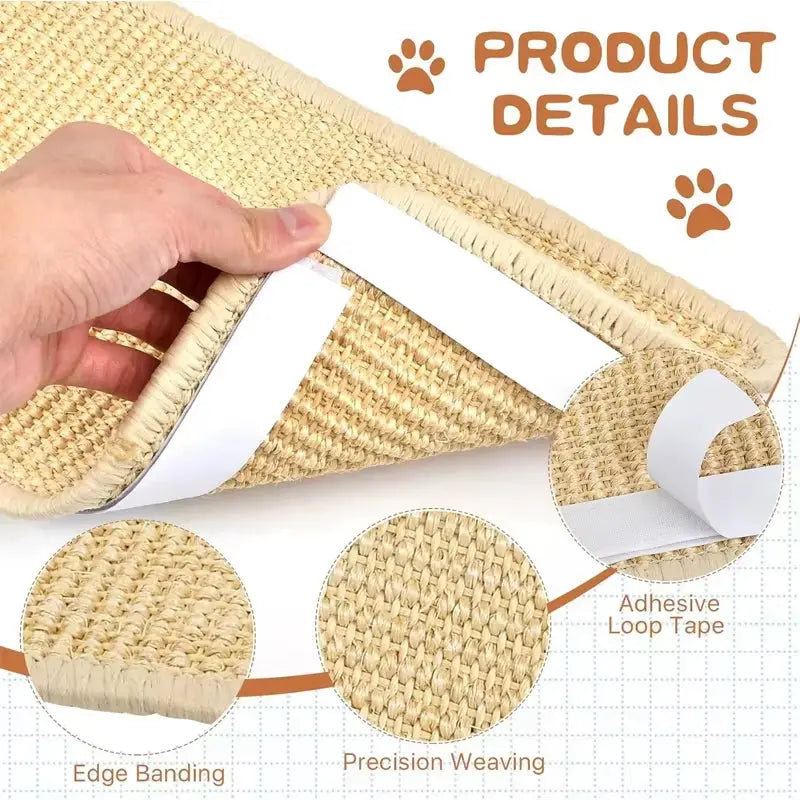 Tapis griffoir en sisal naturel pour chat avec bandes auto-agrippantes adhésives, tissage haute densité et finition renforcée. Facile à installer sur les meubles, murs ou pieds de table pour protéger efficacement les surfaces des griffures.