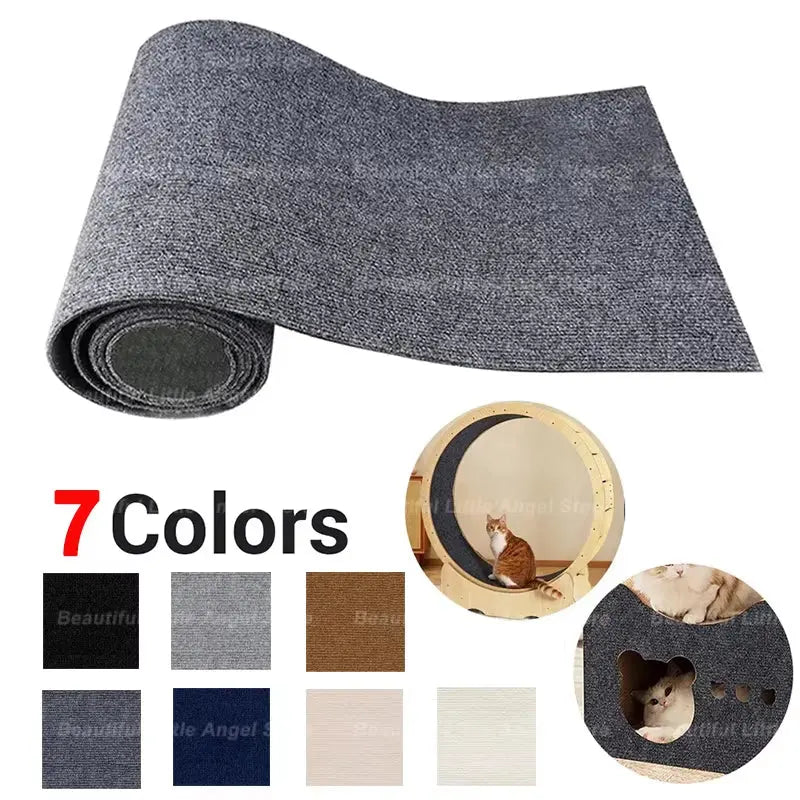 Tapis anti-griffes autocollant pour chat - 7 couleurs au choix( noir, gris, gris foncé, marron, bleu marine, beige, blanc chaud), avec exemples d'utilisation sur roue et niche pour chat, matière résistante et texturée 
