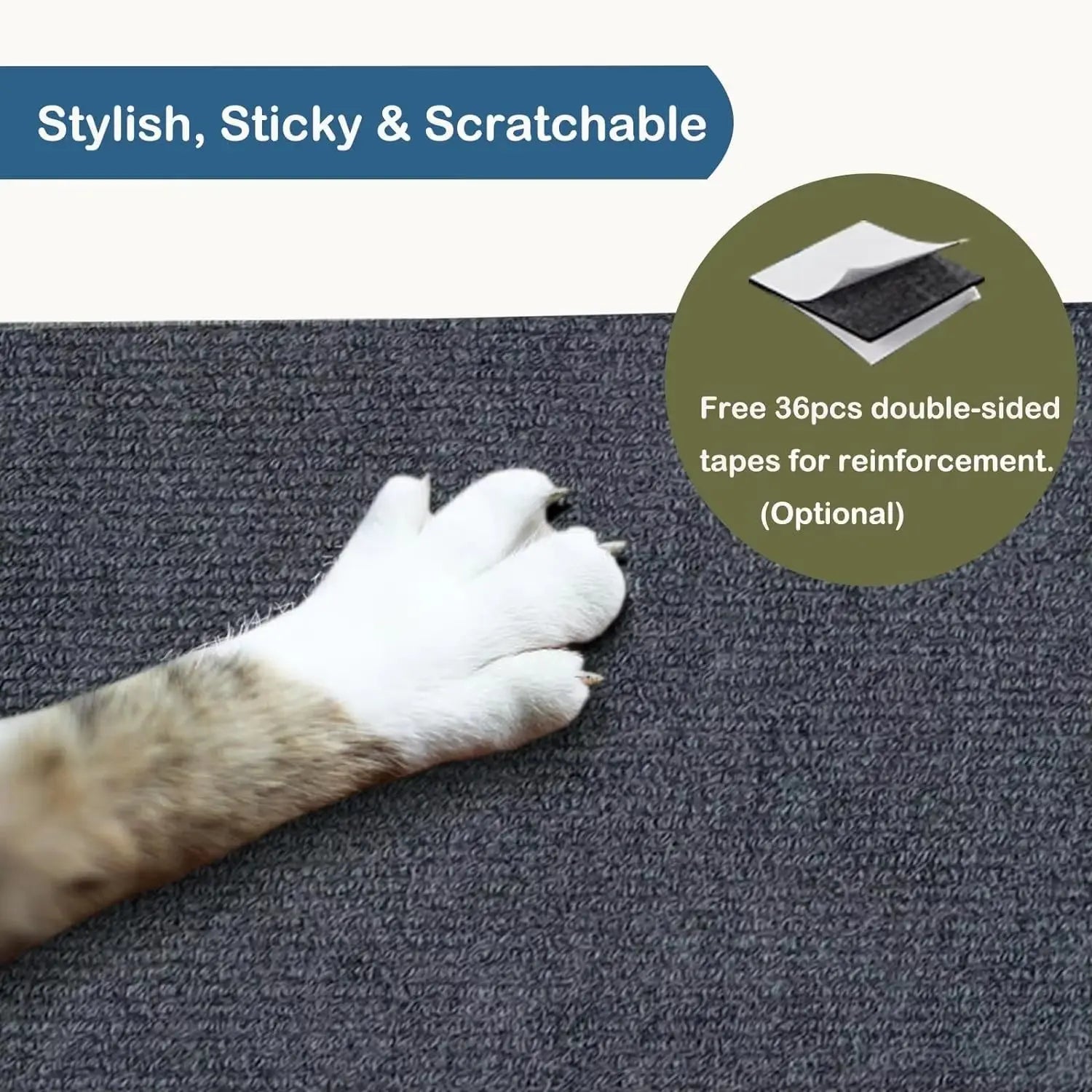 Tapis anti-griffes chat texturé et autocollant - 36 bandes adhésives double-face offertes
