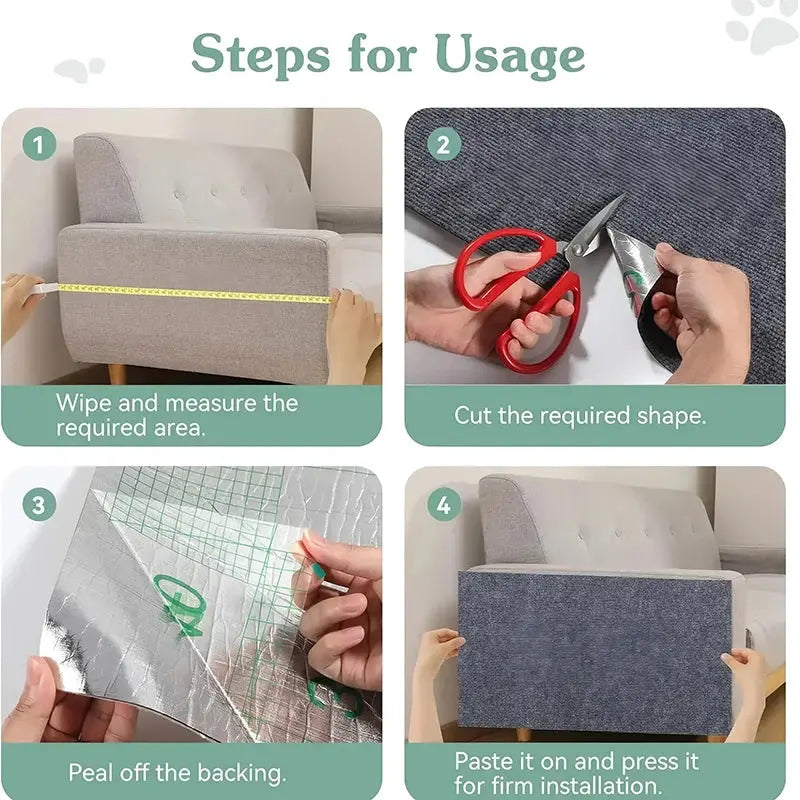 Guide en 4 étapes pour installer le tapis anti-griffes sur un canapé : mesurer la surface, découper à la forme voulue, retirer le film protecteur, coller et presser sur le canapé.