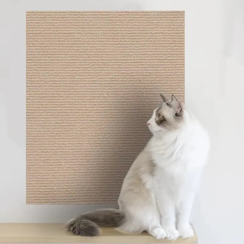 Tapis de protection anti-griffes en tissu texturé kaki, autocollant pour mur ou mobilier, chat assis à côté