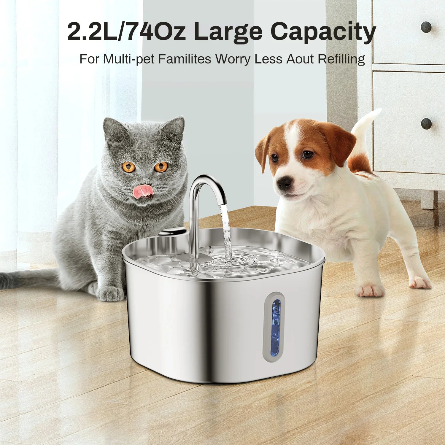 Fontaine à Eau Automatique pour Chat 2,2L – Distributeur d'Eau Carré en Acier Inoxydable avec Fenêtre pour Chien et Chat (Sans Prise 5V 1A)