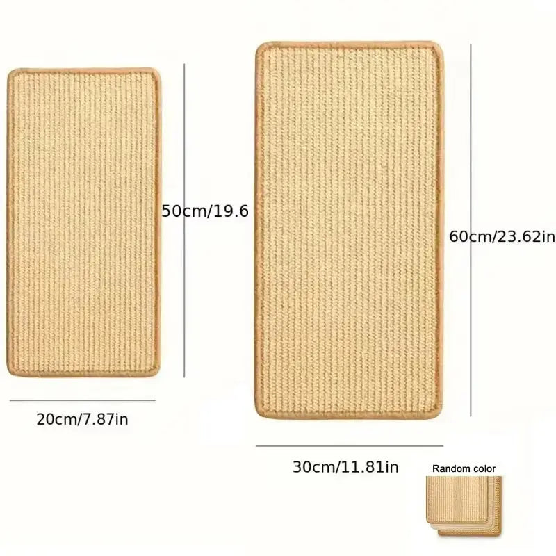 Tapis griffoir pour chat en sisal naturel proposé en deux dimensions (20 × 50 cm et 30 × 60 cm). Conçu pour protéger les canapés, les murs et les meubles tout en permettant au chat de faire ses griffes naturellement.